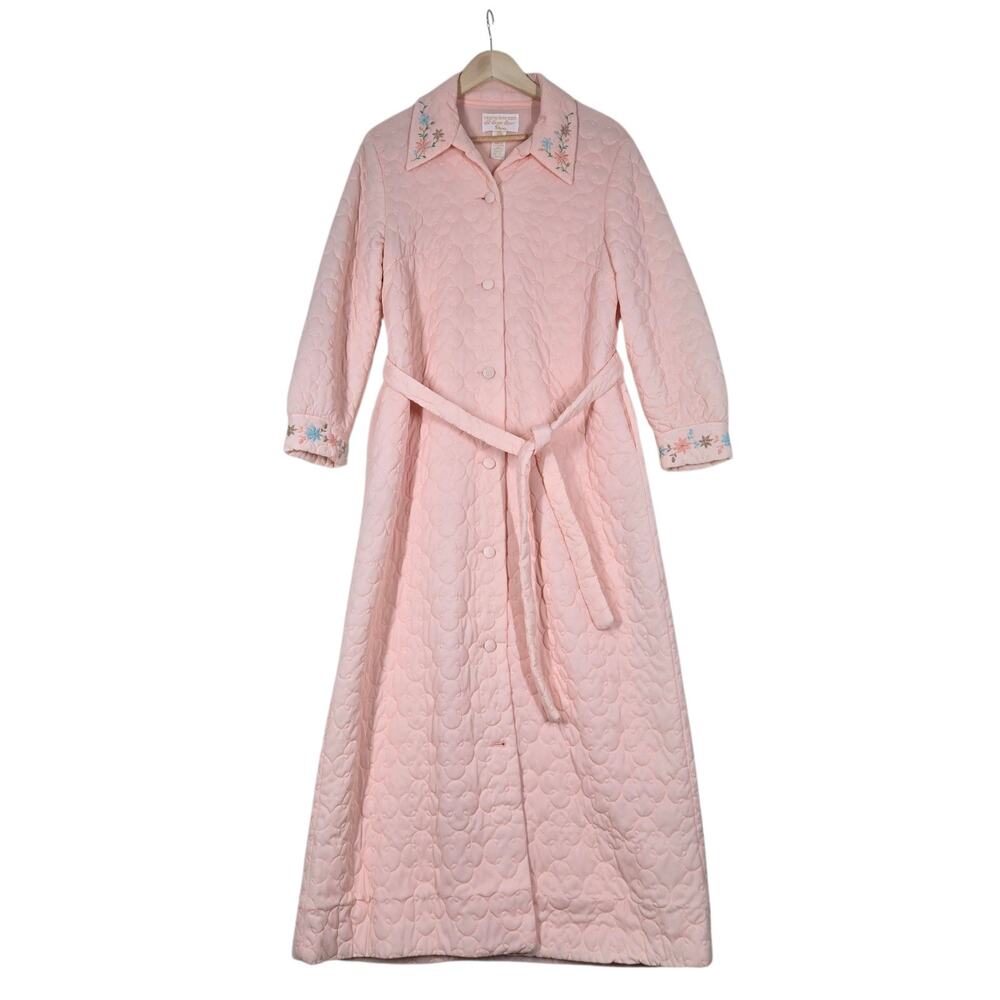 Vintage 70s Quilted Housecoat Robe 16 Peach Pink Cottagecore Floral Embroidered